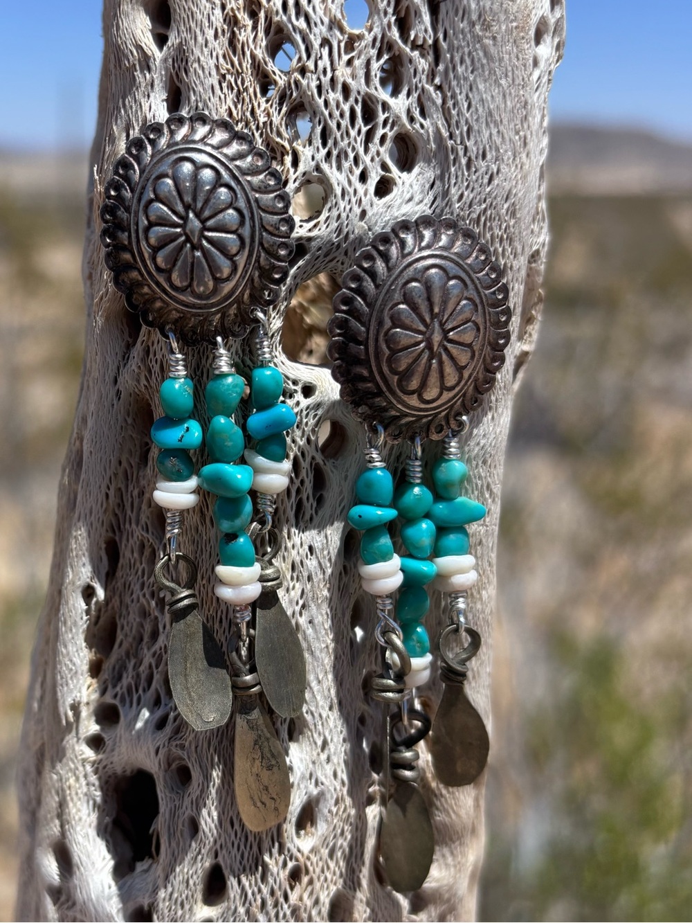 Handmade Vintage Genuine Turquoise and Silver Concho Stud Dangle Earrings